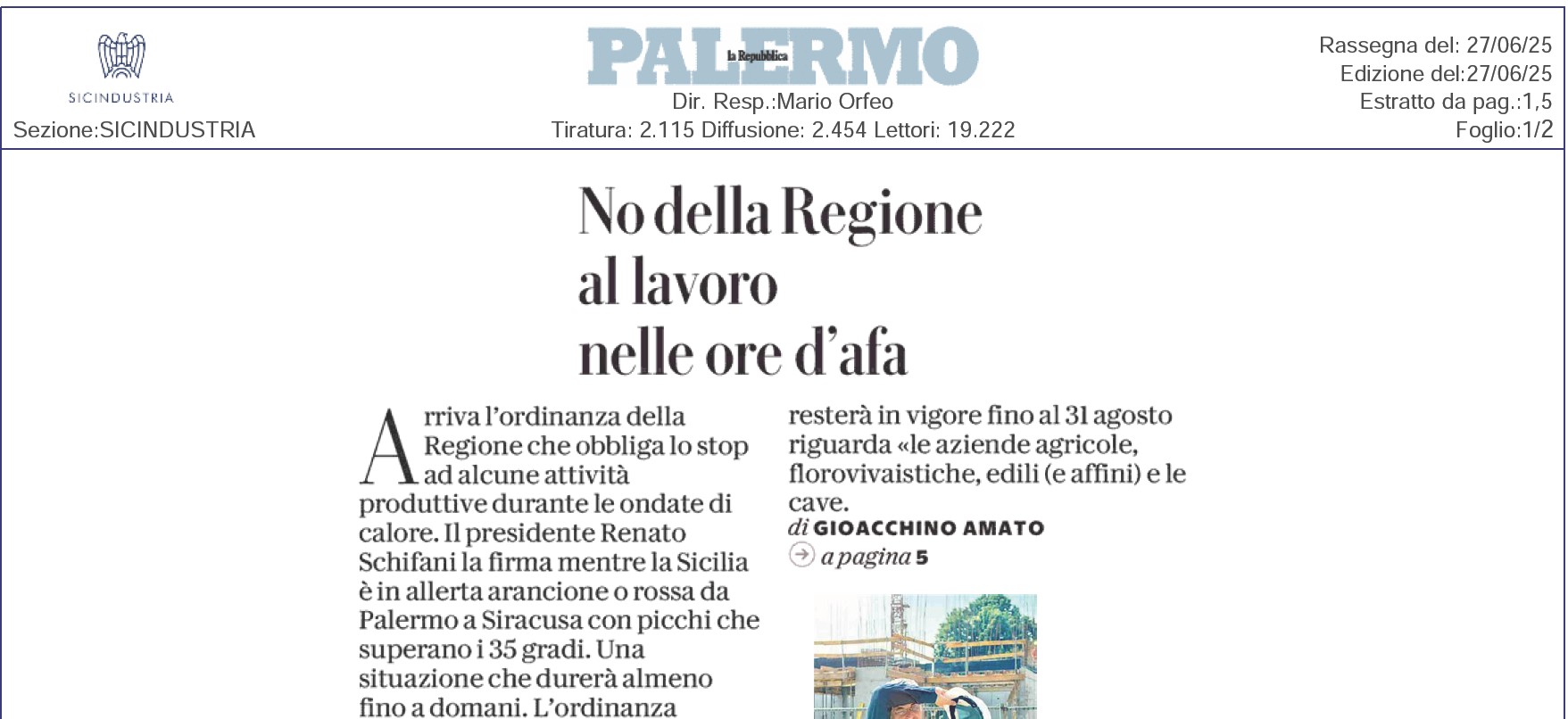 ARRIVA IL CALDO ESTREMO ORDINANZA DELLA REGIONE STOP AI LAVORI A RISCHIO - 27/06/2025